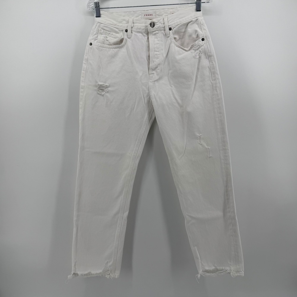 FRAME Blanc Rips White Distressed Straight Leg Jeans Size 27 HOJ171